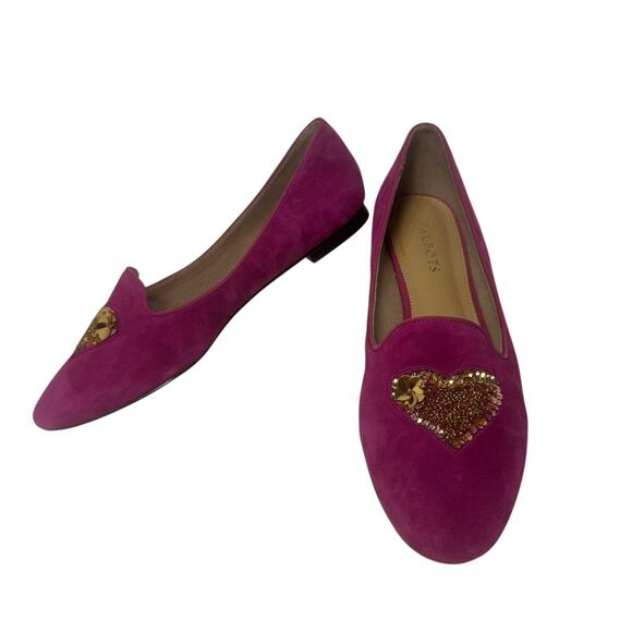 Talbots Raspberry Suede Ryan Novelty Gold Heart Comfort Flats Sz 9.5 M - Picture 1 of 16